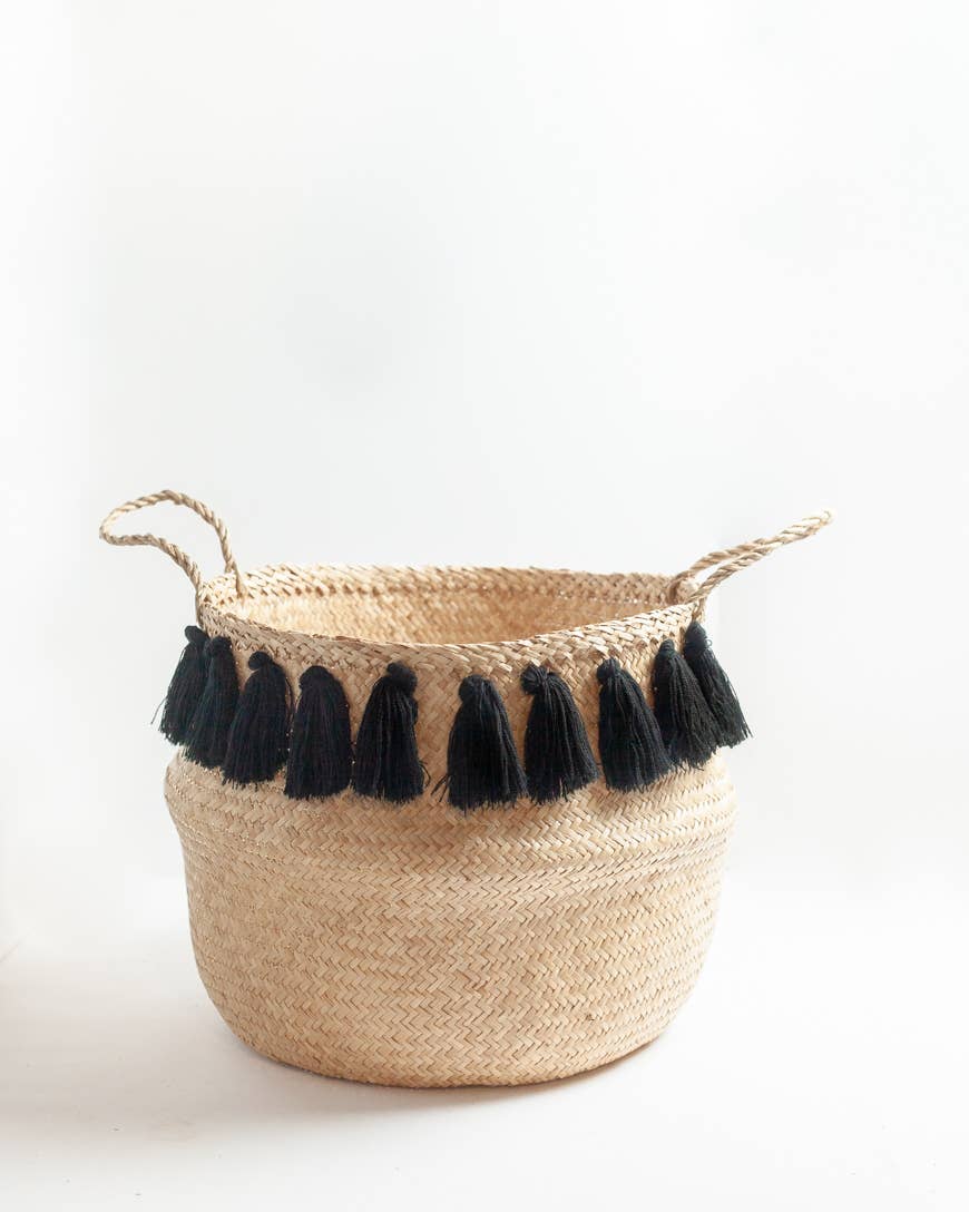 Black Tasseled Belly Baskets: Medium